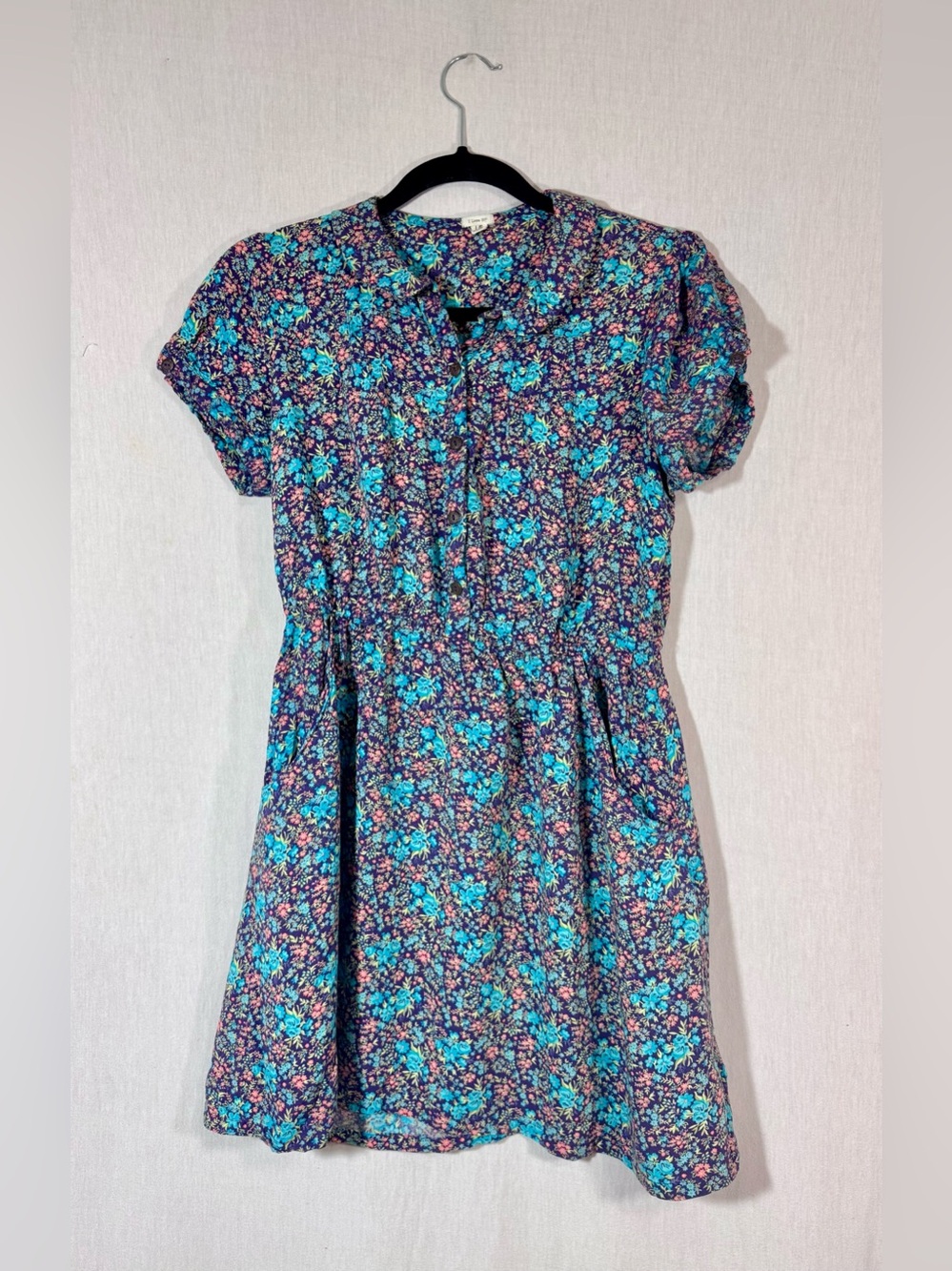 I Love H81 size L Floral Short Sleeve Button-Front Dress in Teal & Navy